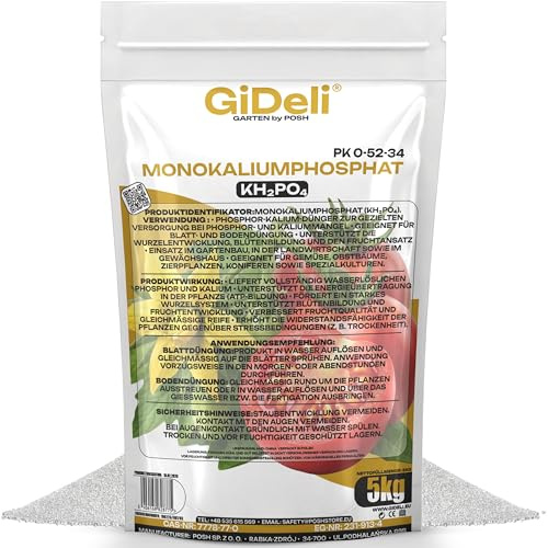 GiDeli Monokaliumphosphat MKP 5 kg - Wasserlöslicher PK Dünger für Tomaten | hochkonzentriert 0-52-34, stärkt Blüte und Fruchtansatz, für Beeren Gurken Paprika, chlorfrei