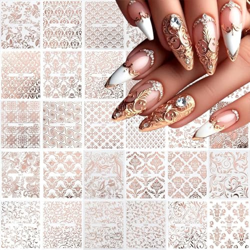 Muorruo 30 Sheets Lace Nail Stickers for Floral Nail Art, 3D Self-Adhesive Nail Decals, Rose Gold, Hollow Retro Floral Vine Nail Stickers, Design Lace Flower Nail Accessories, Rose Gold