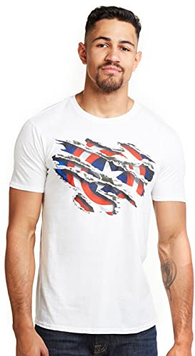 Marvel Men's Captain America Torn T Shirt, White, S UK