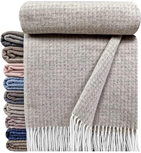 STTS International Kaschmir Decke Wolldecke Wohndecke Merinowolle - Kaschmir - Mix 140 x 200 cm sehr weiches Plaid Kuscheldecke Faro (Beige-Grau (D))