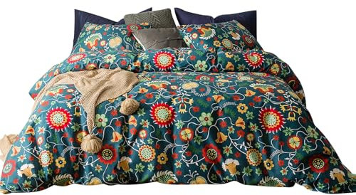 SUSYBAO 3-teiliges Bettbezug-Set, 100% natürliche Baumwolle, Queen-Size-Größe, Mehrfarbig, rote Sonnenblumen, Kaktus, Monster, Blumenmuster, Bettwäsche mit Reißverschlüssen, 1 Bettbezug, 2