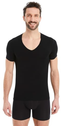 FINN Camiseta Interior Hombre Manga Corta Escote Pico - Bajo Camisa | No se ve con el cuello abierto y la espalda larga evita que se suba. 94 % modal Lenzing, ocho tallas de la S a la 5XL