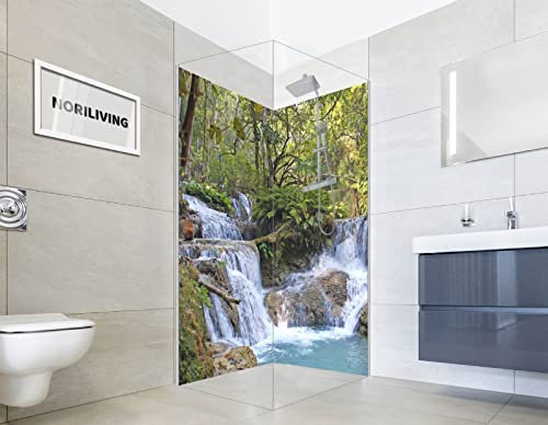 NORILIVING Duschrückwand Fliesenersatz Dusche 90x200 cm Motiv Wasserfall Kuang Si | Duschwand ohne Bohren 2 teilig | Wandverkleidung Bad Aluverbundplatte 3 mm