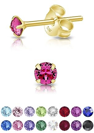 DTPsilver - Winzige Ohrringe 925 Sterling Silber Gelb Vergoldet mit Kristallen von Swarovski® Elements Runde Sehr kleine Ohrstecker - Durchmesser 3 mm - Farbe : Rosa