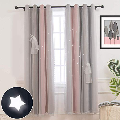 CoutureBridal Vorhang Blickdicht Ösenschal Gardinen und Vorhänge Kinderzimmer Schlafzimmer Grau Rosa Sterne Voile Verdunkelungsvorhänge für Kinder Mädchen,1 Stück (H 210 x B 132 cm)