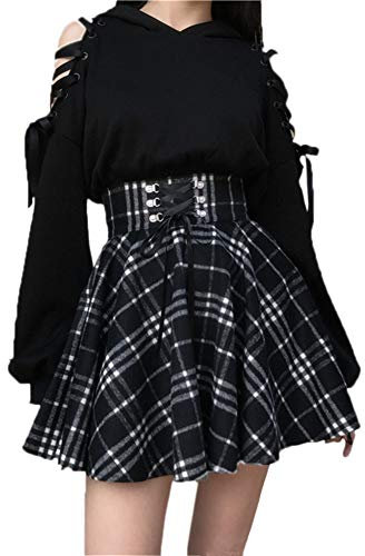 SIPEIEN Damen Plaid A-Linie Rock Gothic Hohe Taille Falten Flare Kurz Mini Skater Rock,Schwarz,M