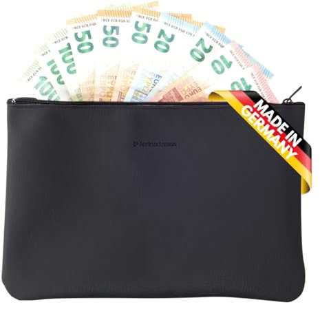 Festland DESIGN® - Banktasche Geldtasche mit Reißverschluss für A5 Dokumente aus hochwertigem Kunstleder - Aufbewahrung Geldscheine - Dokumentenmappe, Geldmappe - Made in Germany - schwarz