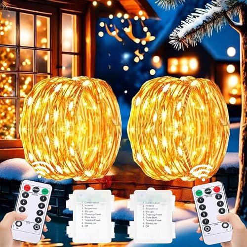 Lichterkette Innen Batterie Außen, 2 * 50 LED Lichterkette Batterie Mit Timer Fernbedienung, 5M Mini Lichterkette Weihnachtsbaum Lichterkette Warmweiß 8Modi Outdoor Kinderzimmer Weihnachten