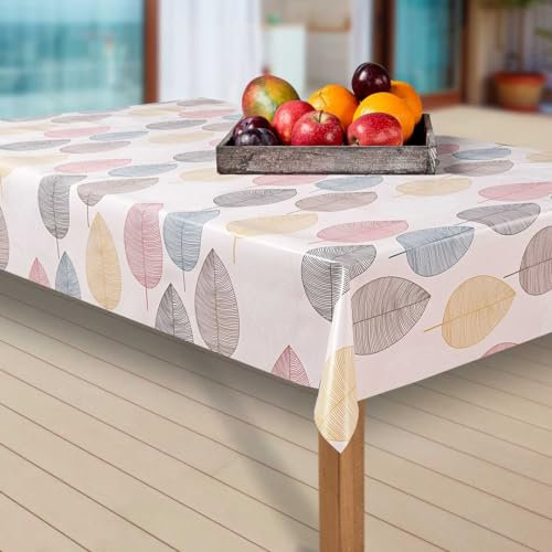laro Wachstuch-Tischdecke Abwaschbar Garten-Tischdecke Wachstischdecke PVC Plastik-Tischdecken Eckig Meterware Wasserabweisend Abwischbar AP, Muster:Blätter. bunt/weiß, Größe:100x120 cm