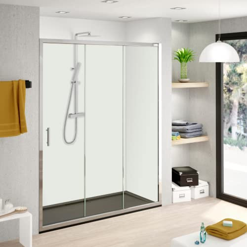 Mampara de Ducha FRONTAL Corredera 3 Hojas Mojacar – 1 Fijo y 2 Puertas Correderas Transparente – Altura 1,90 Metros y Cristal Templado 5mm Espesor 130 cm (Adaptable de 128,5 a 130,5)