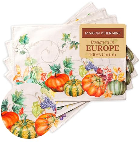 Maison d' Hermine Tischsets, 100% Baumwolle Set mit 4, dekoratives Oster-Tischset, waschbar, Abendessen, Tischset für Urlaub, Abendessen, Hochzeit, Lumina – Erntedankfest/Weihnachten (33cm x 48cm)