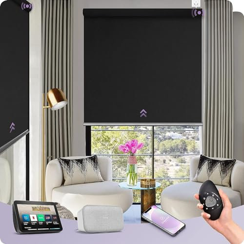 Graywind Customised Smart Blackout Roller Blinds Compatible with Alexa Google, Thermal Insulated Wifi Hardwired Electric Blinds with Remote, Triple Weaved Fabric Motorised Window Shades, Matt Black