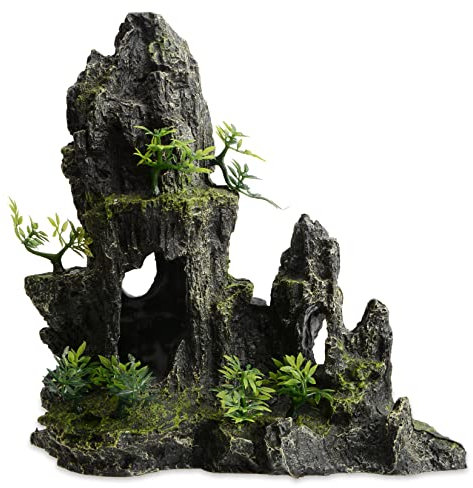 Saim Große und hohe Aquarium-Dekoration für Bergblick, Steindekoration, Harzfelsen, Aquascaping-Höhle, Ornamente mit Pflanzen, Aquarium-Zubehör, Betta-Versteck Höhlen, Steingarten, Landschaft, 27,9 cm