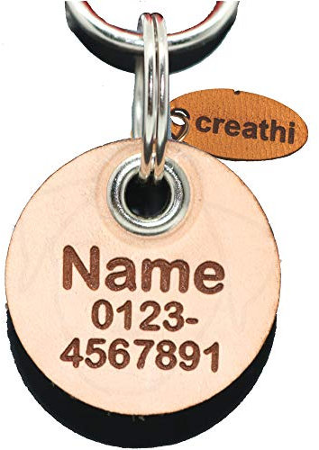 Hundemarke mit Wunschtext Leder personalisiert + SZ (Sternchen, Herzchen etc. mit Verstärkungsöse KREIS (natur, 3cm - dreizeiliger Text)