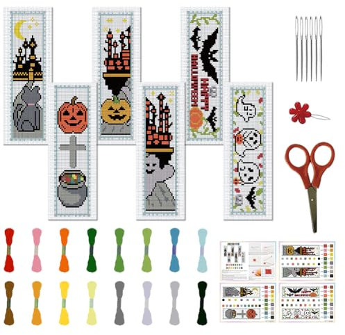 FREEBLOSS 6set Punto Croce Segnalibro a Punto Croce Kit Segnalibro Halloween Punto Croce Kit per Punto Croce Punto Croce da Ricamo Segnalibro a Punto Croce con Istruzioni Kit Ricamo Principianti