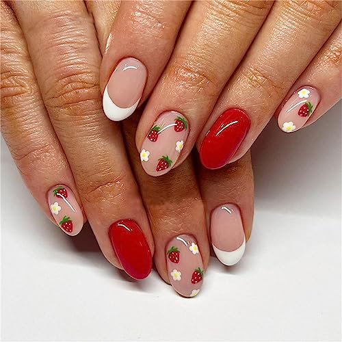 24pcs Almond Short Fake Nail Strawberry Red French Press on Nails Tips for Women and Girls Nail Art Manicure Decoration