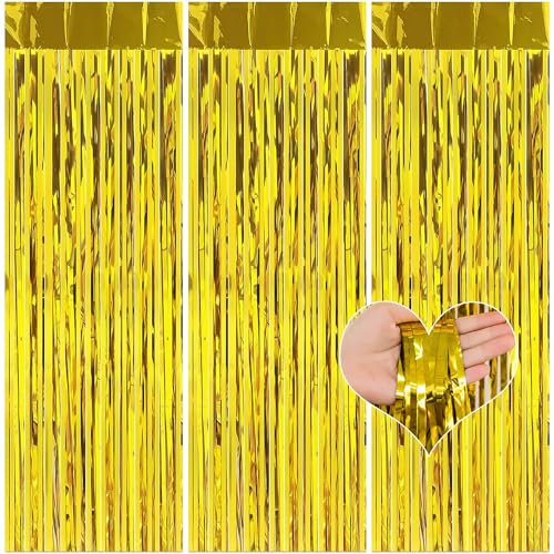 BOFYTR Foil Fringe Curtain, 3 Pack Golden Metallic Tinsel Curtain Birthday Decorations, Foil Curtain for Birthday Graduation Wedding Engagement Bridal Shower Bachelorette Holiday Party (Gold)
