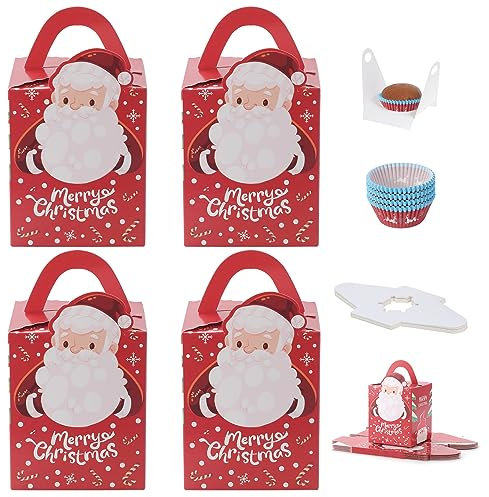 Kinsinder 50pcs Weihnachts Cupcake Boxen, 1 Loch Weihnachten Geschenkboxen mit Henkel, Karton Cupcake Box für Cupcakes Desserts Keksen mit 100pcs Papier Cupcake Fällen