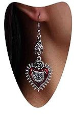 Atentuyi Punkrock Fledermaus Böser Blick Gothic Rotes Herz Ohrringe - Silber Heiliges Herz Tropfen Baumeln Lange Haken Rose Blume Vintage Aussage Ohrringe Für Frauen Mädchen