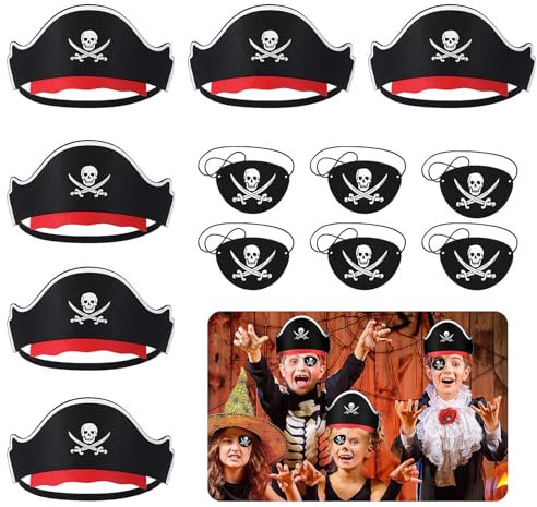 Wekuw 6 Stücke Piratenhut Kinder 6 Pcs Augenklappe Pirat Kinder Piraten Zubehör Piraten Hut und Eye Patch set Piratenhut Kindergeburtstag Piraten Hut Geeignet für Feiertagspartys, Piraten-Mottopartys