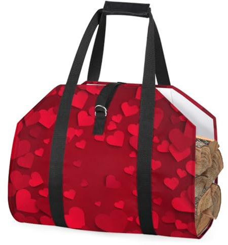 Valentinstag-Tragetasche mit roten Herzen, für Kaminholz, strapazierfähig, großer Kaminholzhalter mit Griffen, langlebig, Kamin, Holzofen, Zubehör, Aufbewahrungstasche für Camping, Grillen, drinnen