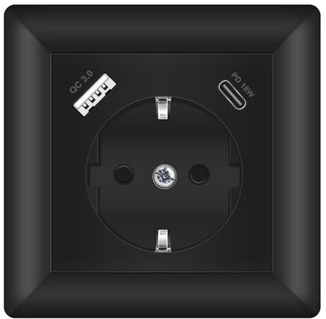 Sasudose USB Steckdose Unterputz Schwarz Schuko Steckdose mit USB C Ladegerät PD18W und QC3.0 Schnellladung System 55 Reinweiß Glänzend Wandsteckdose (4000W) Passent in Standard Unterputzdose