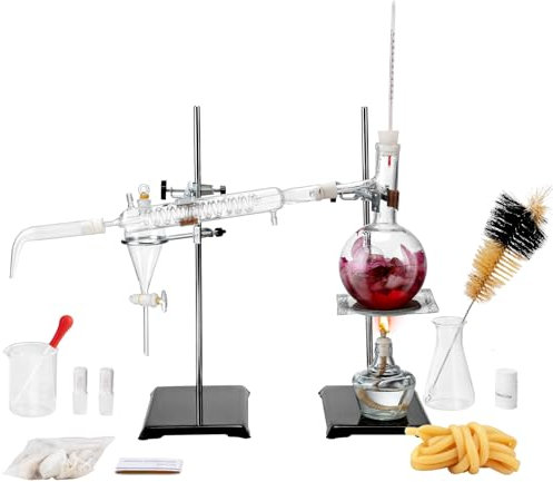 VEVOR Essential Oil Distillation Kit, 500ml Distillation Apparatus, 3.3 Boro Lab Glassware Distillation Kit with Alcohol Lamp, Ceramic Mesh and 24, 40 Joint, 28 pcs Set