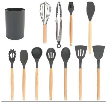 Ensemble d'ustensiles de cuisine en silicone, 12 PCS ustensiles de cuisine, antiadhésifs résistants à la chaleur, sans BPA, spatule, cuillère, fouet, outils de cuisine lavable au lave-vaisselle (Gris)