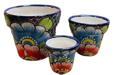 La Sol Imports Mini macetas de cerámica mexicana pintadas para suculentas, estilo de cerámica Talavera, pintadas a mano, multicolor, juego de 3 piezas (verde redondo)
