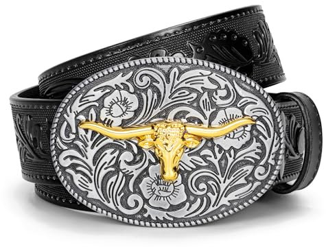 SANSTHS Western Cowboy Gürtel für Herren Damen, Western Leder Gürtel Bull Buckle Belt Geprägter Ledergürtel für Jeans, Schwarz/Goldene Bullenschnalle