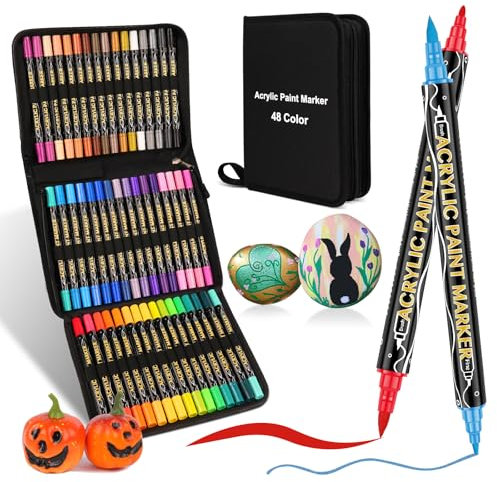 colpart Lot de 48 marqueurs acryliques imperméables pour pierres - Type de sac - Œufs de Pâques à peindre - Double extrémité - Pour plastique, verre, bois, céramique, métal, pneus, toile.
