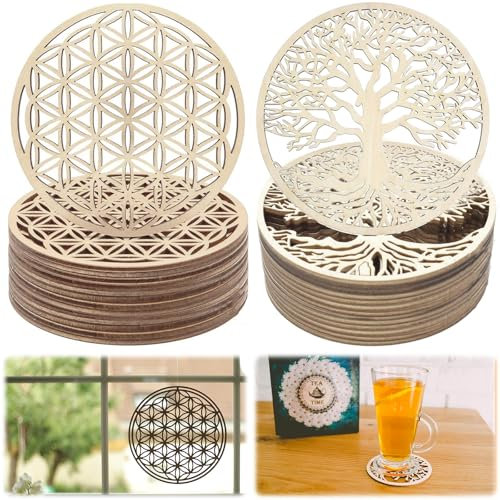 XSHAO® 20 Pcs Fleur de Vie en Bois/Arbre de Vie Bois, Dessous de Verre Bois Rond 10x10cm pour Méditation/Maison/Décoration/Salle à Manger