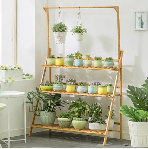 Dcbdx 3 Ebenen Klappbares Blumenregal mit höhenverstellbarer Hängestange, Leiter Blumenständer aus Bambus robuste Pflanzenleiter,Wood,Long 100cm