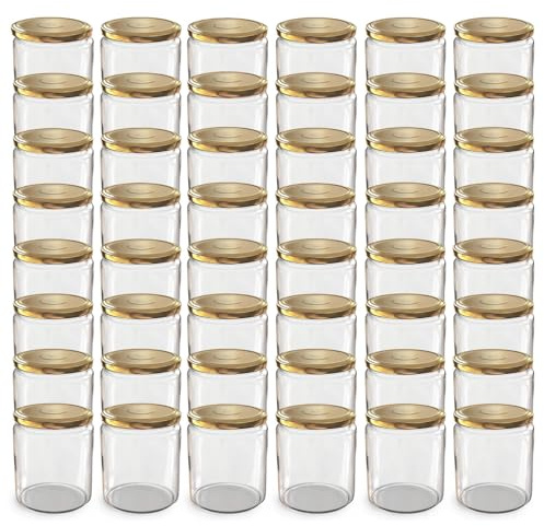 Oputec 48 x 405ml Einmachgläser - Marmeladengläser mit goldenem Deckel | Luftdichter Schraubdeckel mit hitzebeständiger Dichtung – Einkochgläser und Schraubgläser für Gemüse, Kräuter und 500 g Honig