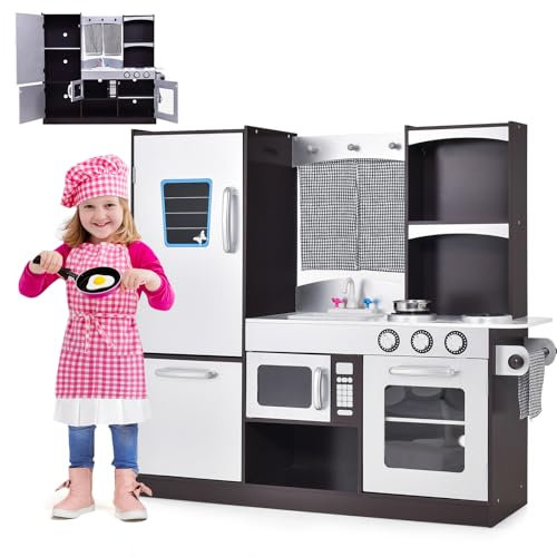 HOMASIS Kinderküche Holz, Spielküche mit Herd Backofen Kühlschränke Mikrowelle Spüle Wasserhahn Tafel, Kinderspielküche mit zubehör, Spielzeugküche groß, Küchenspielset für Kinder ab 3 Jahre, Braun