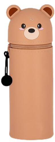 QRKPVHD Kawaii Federmäppchen, 2-in-1 Weiche Silikontasche, Stand Up Federmäppchen, Tier Stifthalter, Stifthalter Bleistifttasche Mädchen Junge (Braunbär)
