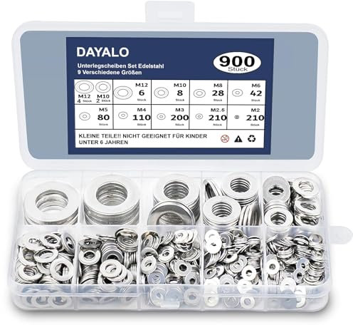 Dayalo Unterlegscheiben Set, 900 Stück Unterlegscheiben Edelstahl A2 V2A, 9 Größen Beilagscheiben Set M2 M2,5 M3 M4 M5 M6 M8 M10 M12 Sicherungsscheiben, Flache Unterlegscheiben für Schrauben