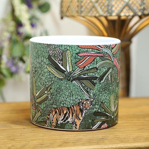 Fyne-Finds Tiger Animal Jungle Scene Ceramic Indoor Home Planter 12cm, 5inch Herb Plant Pot Cover Gift