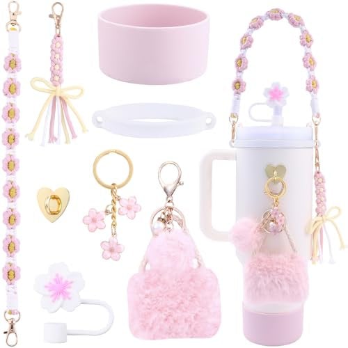 JOISHOP Stanley Cup Accessories Set, Stanley Cup Decor Including Stanley Straw Cover, Stanley Cup Charms, Water Bottle Handle Strap, Silicone Stanley Cup Boot for Stanley Cup 40oz 30oz Tumbler (Pink)