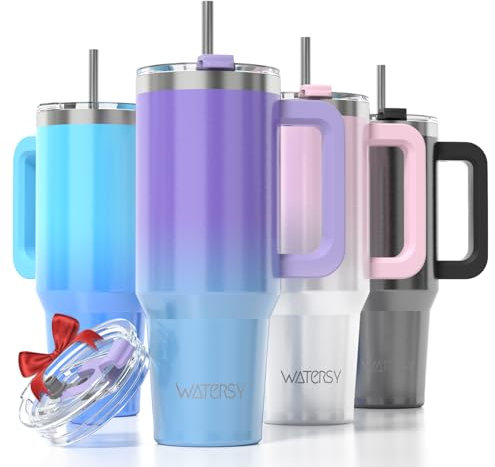 WATERSY Vaso con Pajita 30 oz, 891 ml Taza de Café con Asa, Vaso Termico para 2 Tapa Acero Inoxidable, para Frío y Caliente, Termo de Agua Doble Pared, Travel Mug (Morado,Azul)