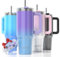 WATERSY Vaso con Pajita 30 oz, 891 ml Taza de Café con Asa, Vaso Termico para 2 Tapa Acero Inoxidable, para Frío y Caliente, Termo de Agua Doble Pared, Travel Mug (Morado,Azul)