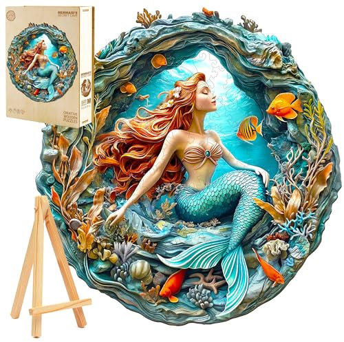 PASJO Holzpuzzle für Erwachsene 3D Meerjungfrau 280 Einzelteile Holzbox und Mini-Staffelei Wooden Puzzle