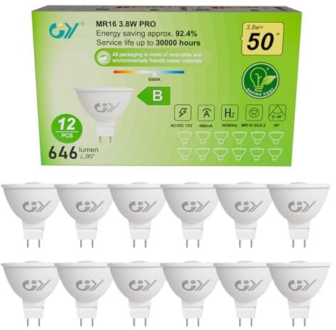 GY GU5.3 MR16 12V Spotlight Bombilla LED 3.8W, Equivalente 60W Bajo Consumo, Luz Frio 6500K, 663 Lúmenes, Ángulo de haz estrecho 36 ° Spotlight, No Regulable, Pack de 12