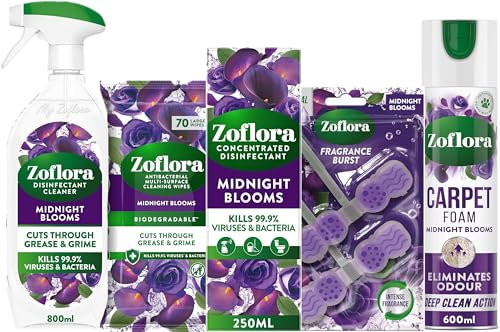Zoflora Midnight Blooms Bundle - Concentrated Disinfectant Liquid, Biodegradable Wipes, Carpet Fresh & Care Foam and Toilet Rim Blocks