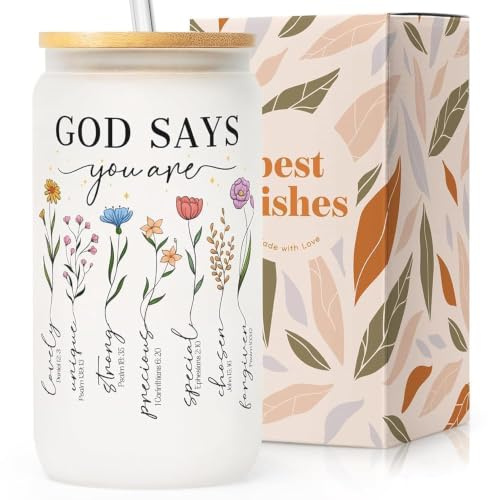 SteadStyle Christian Gifts for Women, Religious Faith Based Gifts | Present for Sister, Mum, Friend - 16oz Frosted Glass Cup with Lids and Straw- Birthday, Christmas, Mothers Day, Easter Gifts