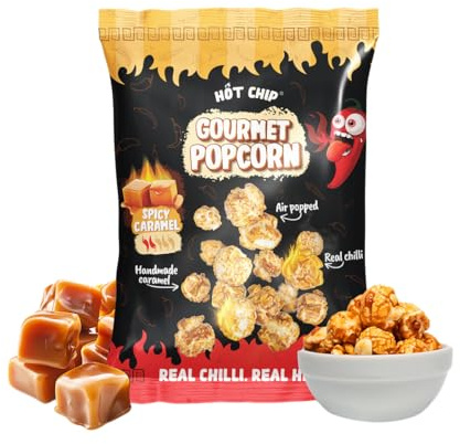 Popcorn Spicy Caramel 120 g – Süß-scharfer Karamellpopcorn mit Habanero Chili – Knuspriger Snack für Filmabende & Partys – Mittlere Schärfe – Luftgepoppt & hochwertig