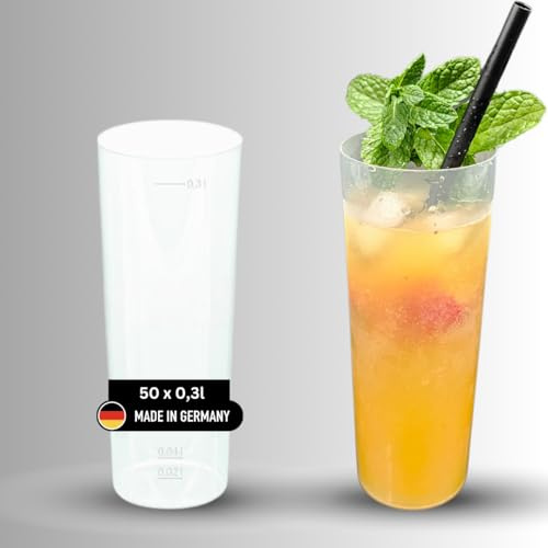 DeinPack 50 Longdrinkbecher | Mehrwegbecher 300ml Made in Germany | Getränkebecher mit Eichstrich | wiederverwendbar | Transparent aus PP | Trinkbecher 0,3l | Bierbecher | Partybecher