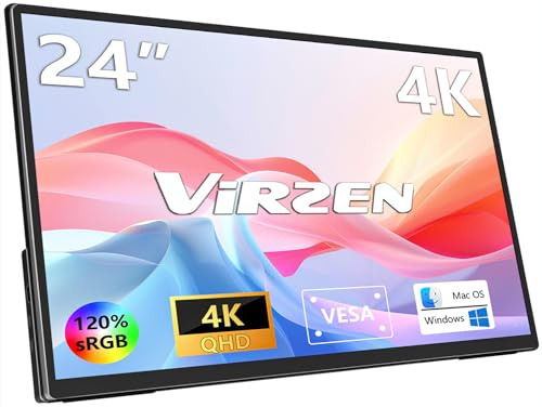 Virzen Large 4K 24 UHD 3840x2160 Portable Monitor 120% sRGB IPS Dual Speaker USB-C HDMI Expandable Second Screen External VESA Kickstand for Mac PC External Laptop Phone