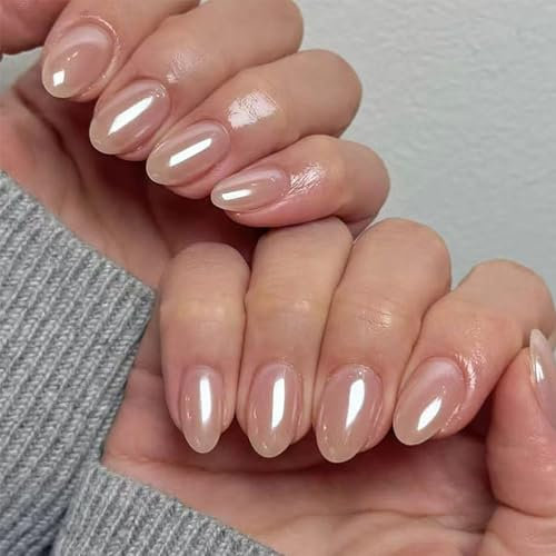 24pcs Almond False Nails - Pearl Nude Stick on Nails - Oval Short Fake Nails with Glue - 12 Sizes Aurora French Tip False Nails - Full Cover Acrylic Nail with Design Elegant