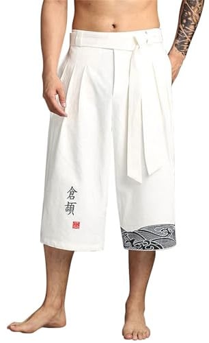 Chanpning Pantalon Japonais Homme Pantalon Court Taro pour Hommes en Lin Vêtements Traditionnels Japonais avec Cordon de Serrage Pantacourt